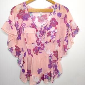 Candie's Floral Pink Flutter Butterfly Sleeve Blouse Top Cinched Waist Sz M